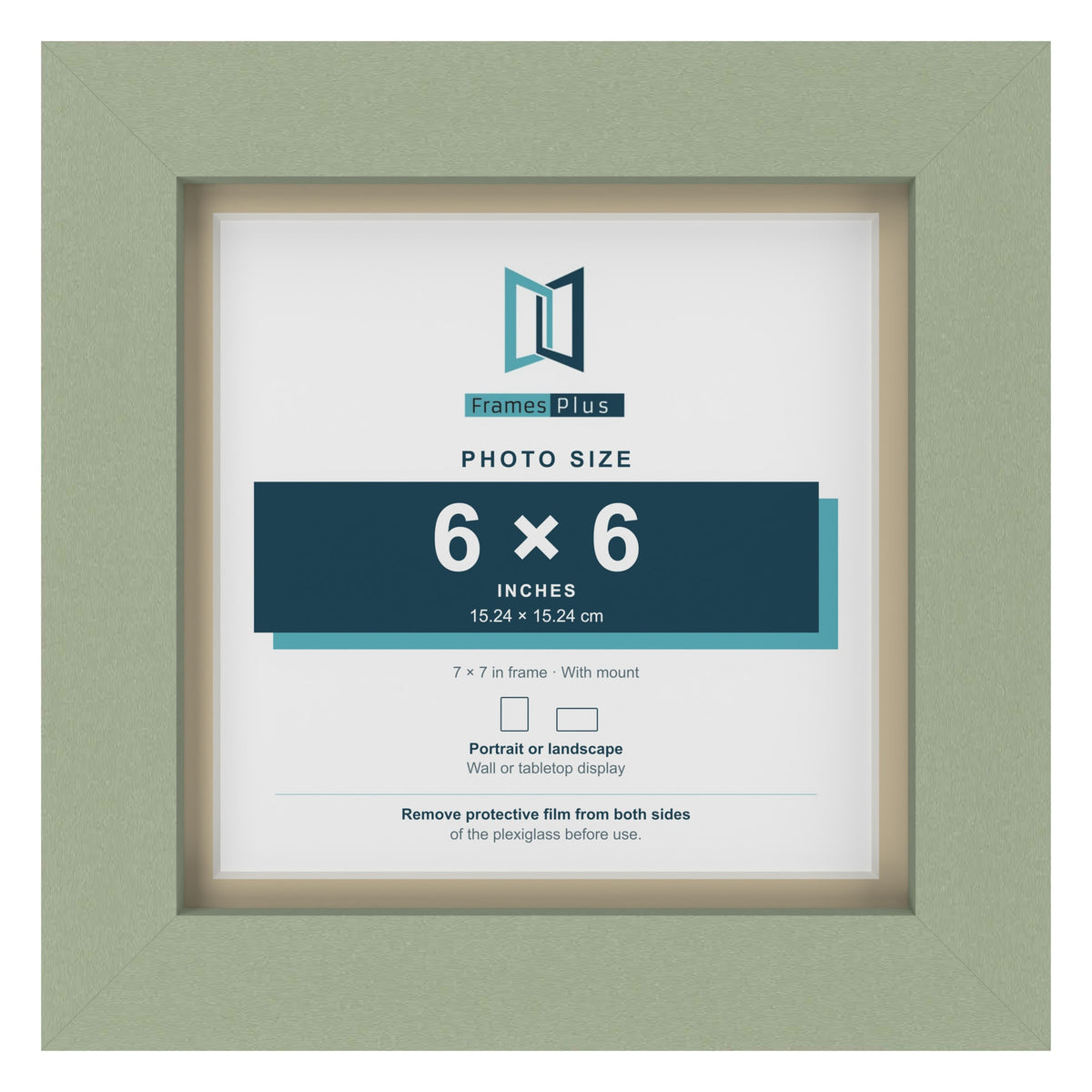 Green 7 x 7 inch picture frame with an ivory mount for a 6 x 6 inch photo