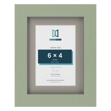 Green 8 x 6 inch picture frame with a Dawn Grey mount for a 6 x 4 inch photo