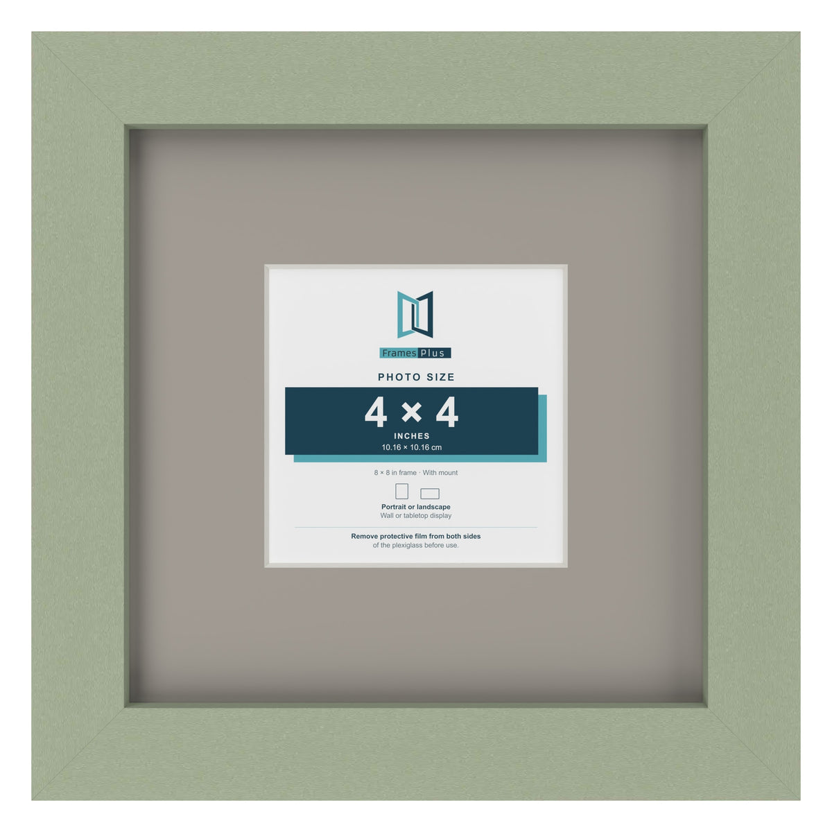 Green 8 x 8 inch picture frame with a Dawn Grey mount for a 4 x 4 inch photo