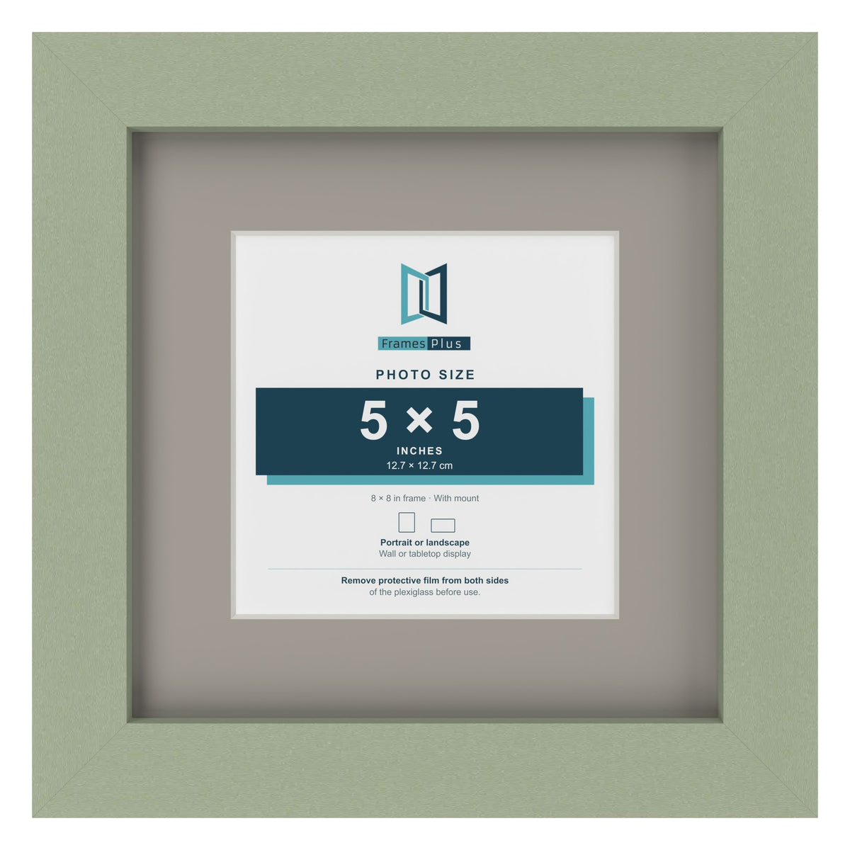 Green 8 x 8 inch picture frame with a Dawn Grey mount for a 5 x 5 inch photo