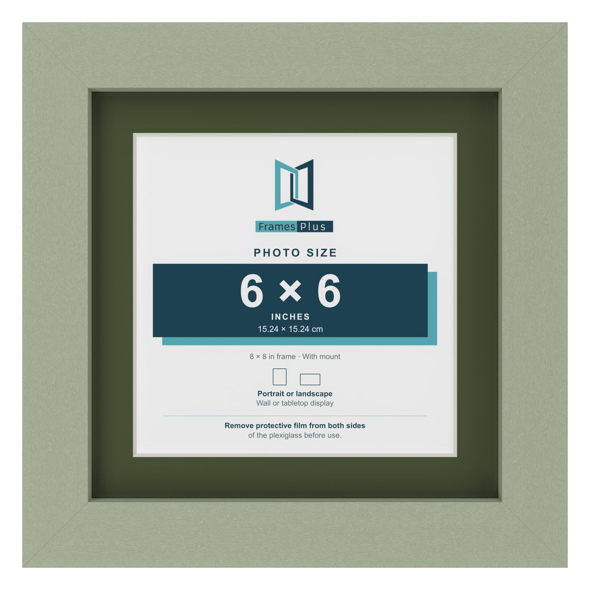 Green 8 x 8 inch picture frame with a green mount for a 6 x 6 inch photo