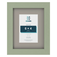 Green 9 x 7 inch picture frame with a Dawn Grey mount for a 6 x 4 inch photo