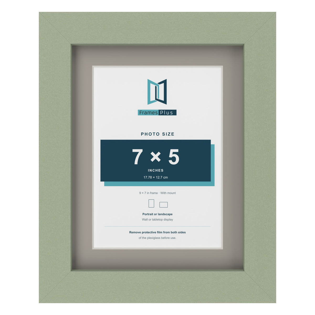 Green 9 x 7 inch picture frame with a Dawn Grey mount for a 7 x 5 inch photo