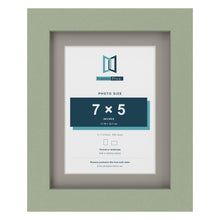 Green 9 x 7 inch picture frame with a Dawn Grey mount for a 7 x 5 inch photo