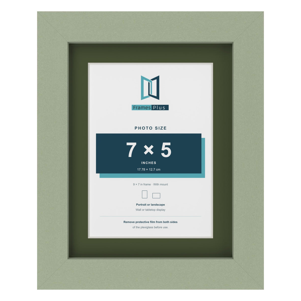 Green 9 x 7 inch picture frame with a green mount for a 7 x 5 inch photo