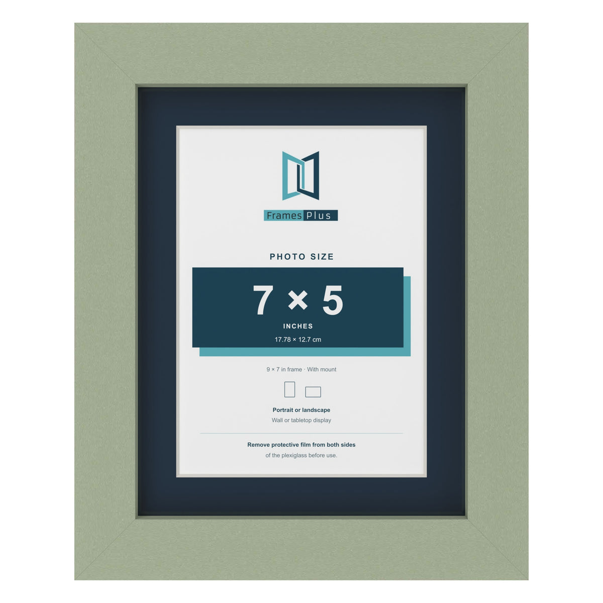 Green 9 x 7 inch picture frame with a Pacific Blue mount for a 7 x 5 inch photo
