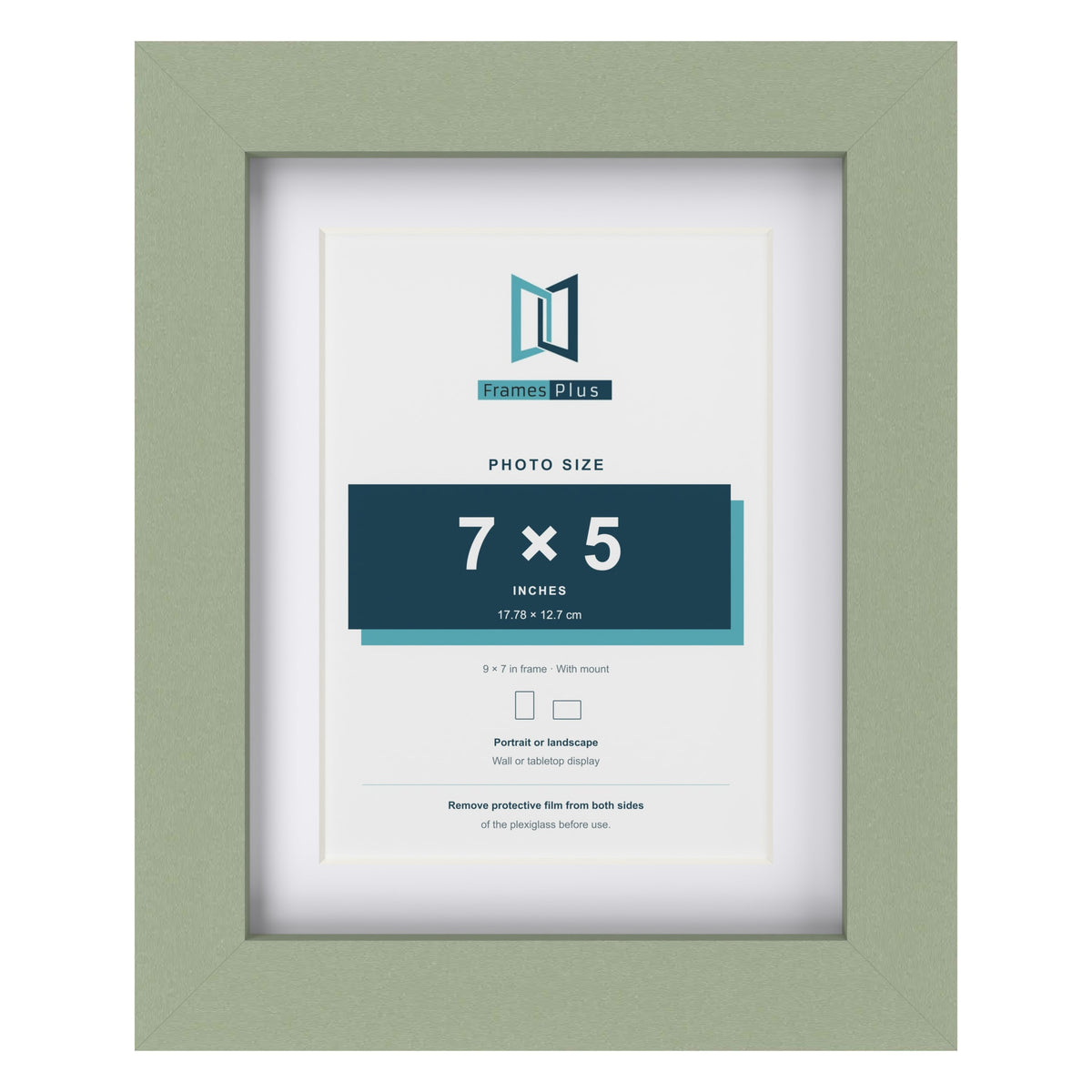 Green 9 x 7 inch picture frame with a white mount for a 7 x 5 inch photo