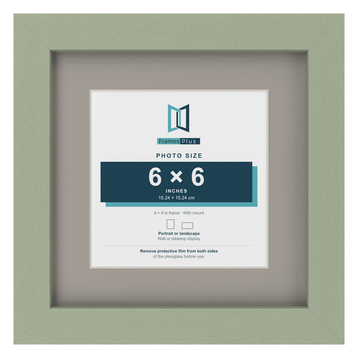 Green 9 x 9 inch picture frame with a Dawn Grey mount for a 6 x 6 inch photo