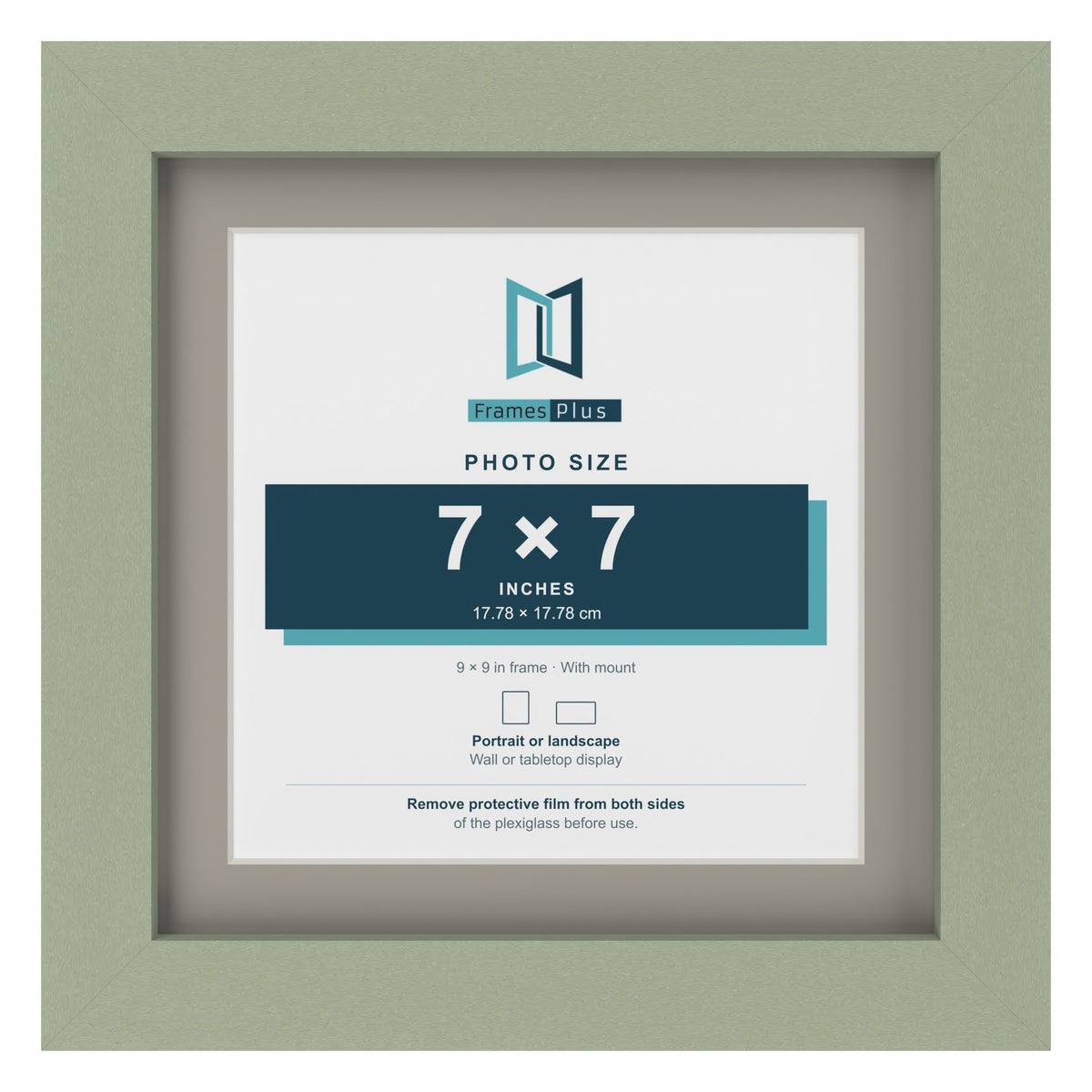 Green 9 x 9 inch picture frame with a Dawn Grey mount for a 7 x 7 inch photo