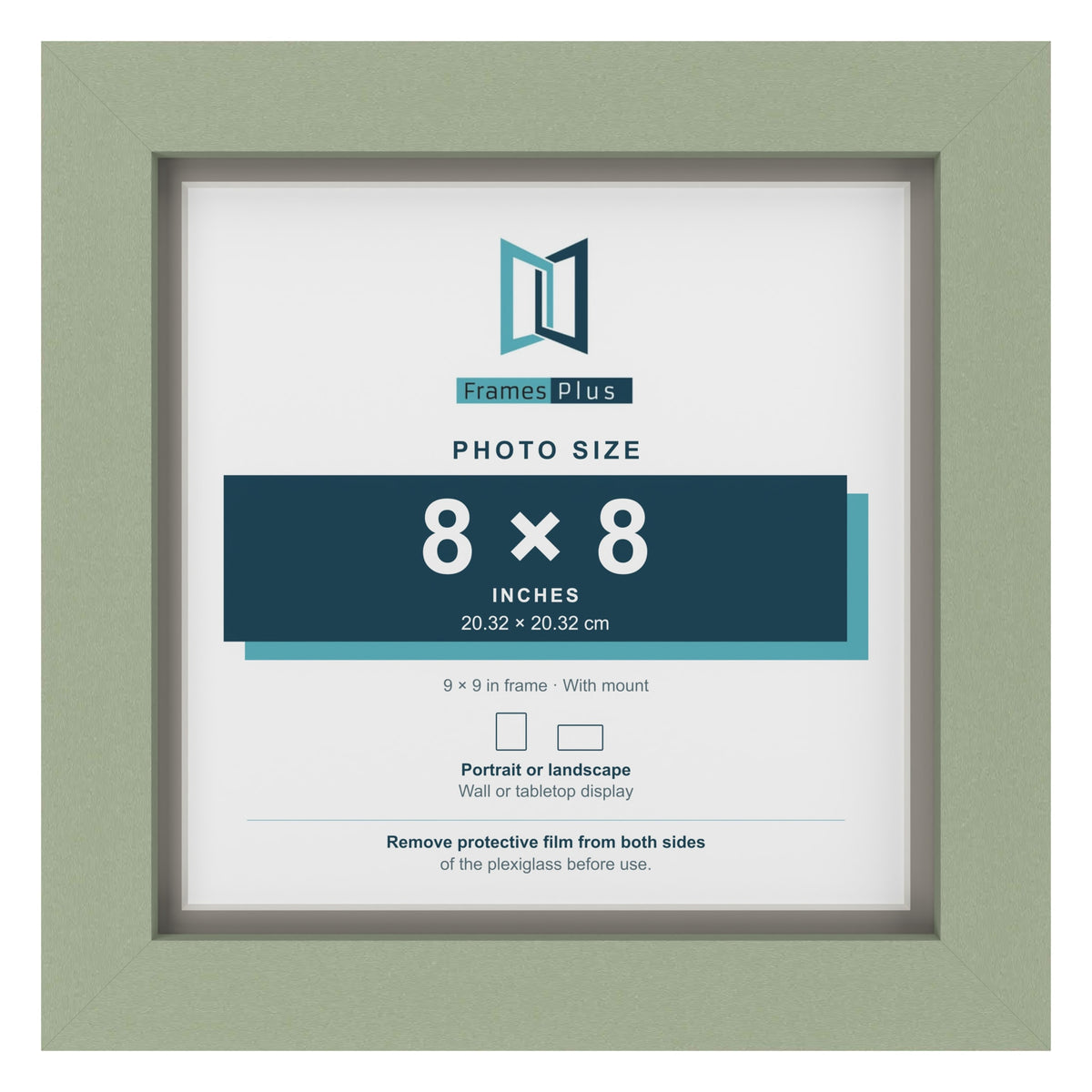 Green 9 x 9 inch picture frame with a Dawn Grey mount for an 8 x 8 inch photo
