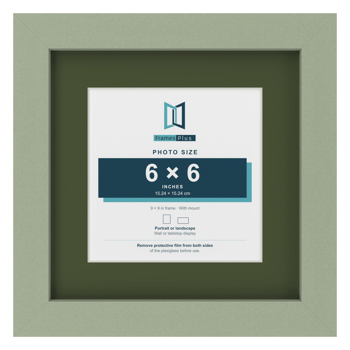 Green 9 x 9 inch picture frame with a green mount for a 6 x 6 inch photo