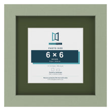 Green 9 x 9 inch picture frame with a green mount for a 6 x 6 inch photo