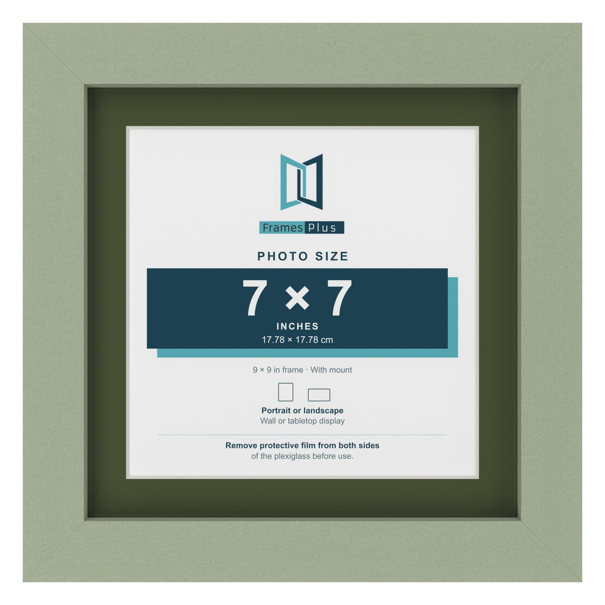 Green 9 x 9 inch picture frame with a green mount for a 7 x 7 inch photo