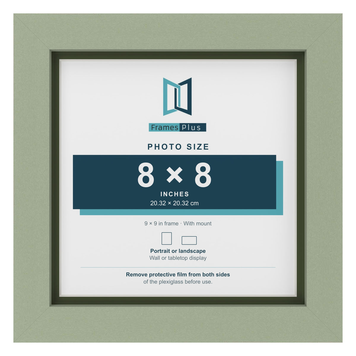 Green 9 x 9 inch picture frame with a green mount for an 8 x 8 inch photo