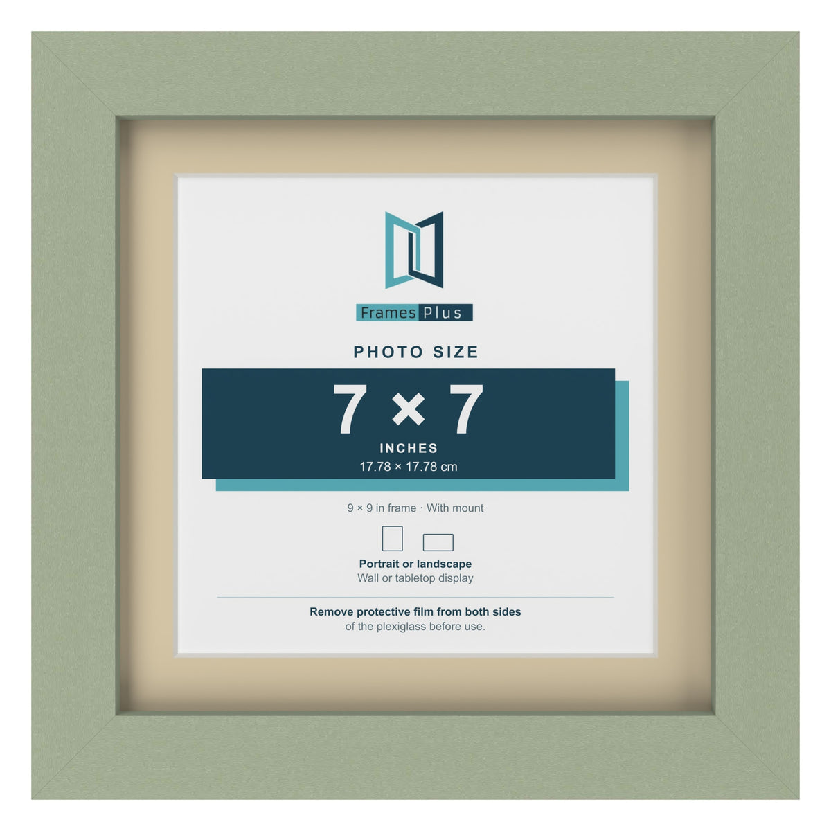 Green 9 x 9 inch picture frame with an ivory mount for a 7 x 7 inch photo