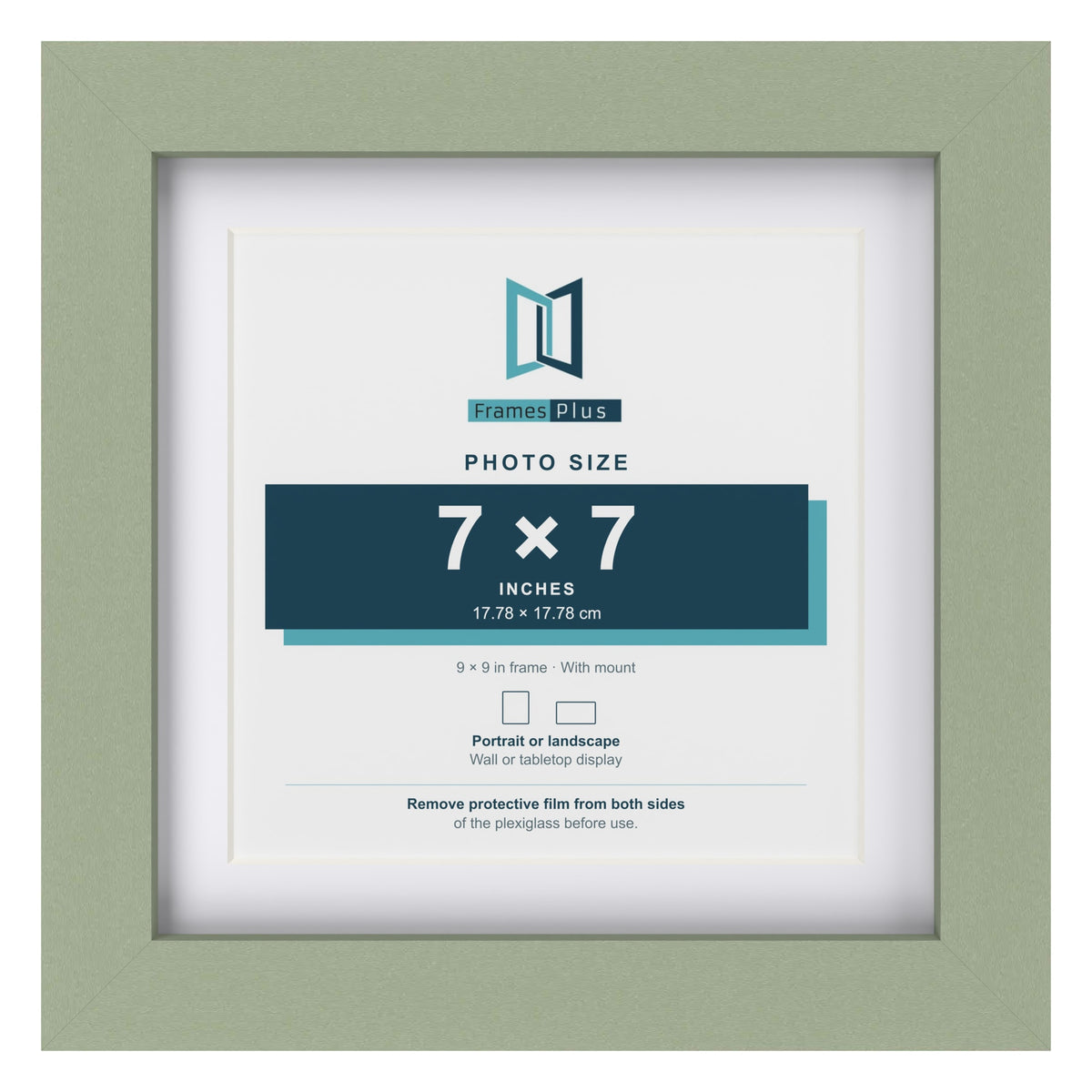 Green 9 x 9 inch picture frame with a white mount for a 7 x 7 inch photo