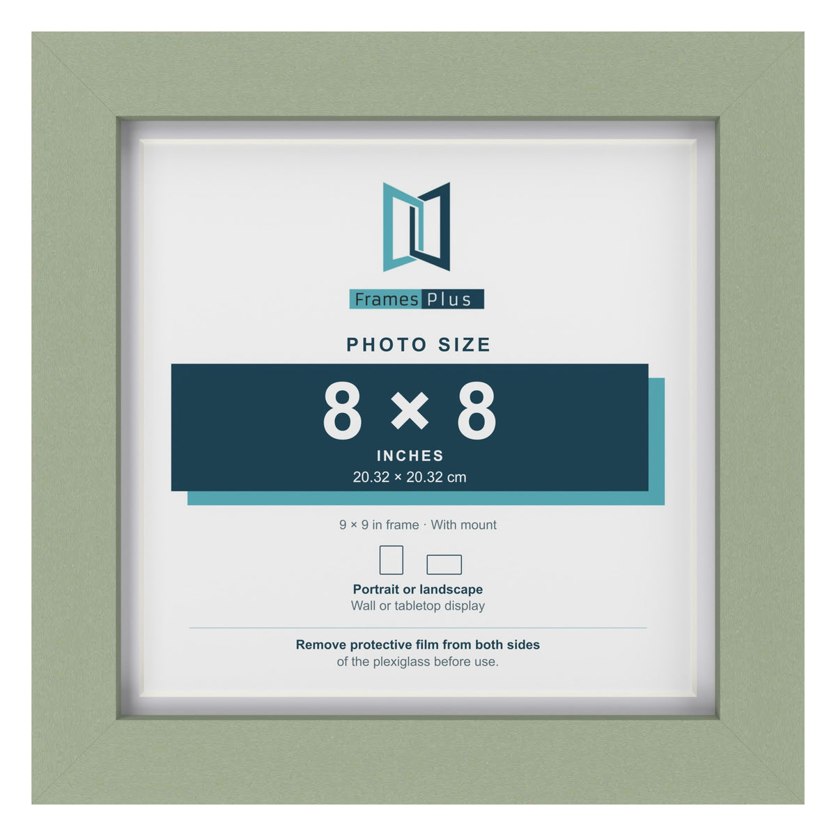 Green 9 x 9 inch picture frame with a white mount for a 8 x 8 inch photo