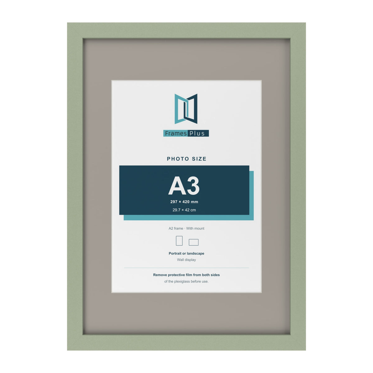 Green A2 picture frame with a Dawn Grey mount for an A3 photo