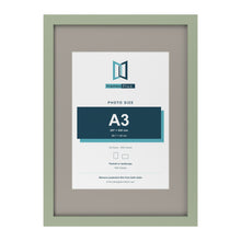 Green A2 picture frame with a Dawn Grey mount for an A3 photo