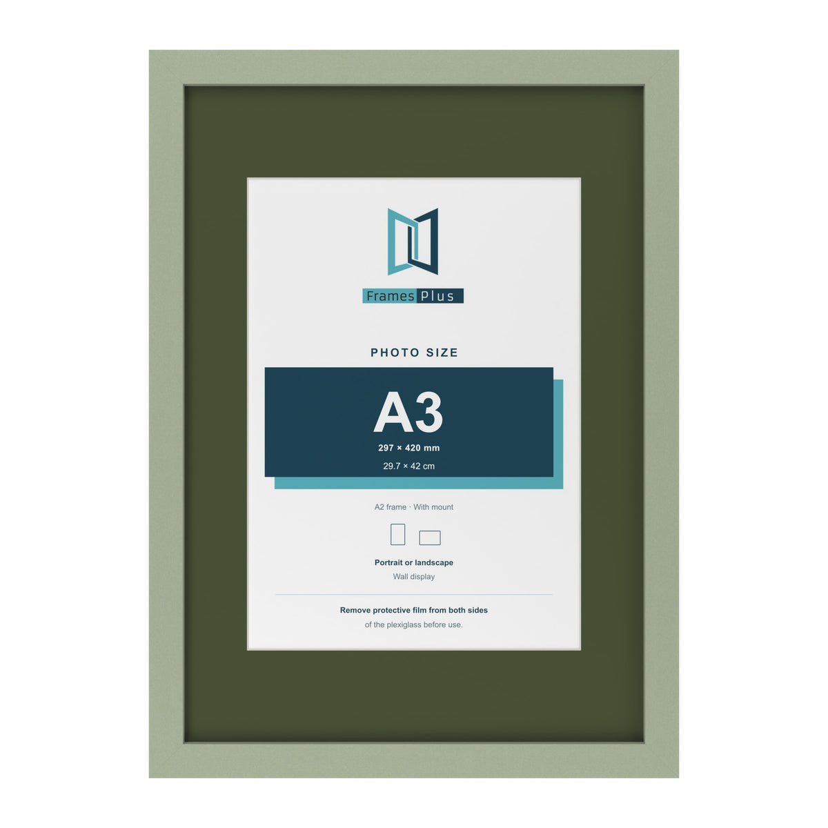 Green A2 picture frame with a green mount for an A3 photo