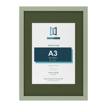 Green A2 picture frame with a green mount for an A3 photo