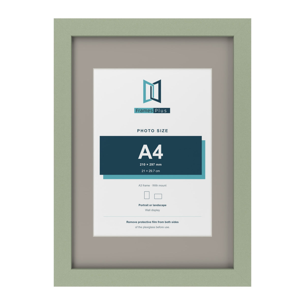 Green A3 picture frame with a Dawn Grey mount for an A4 photo