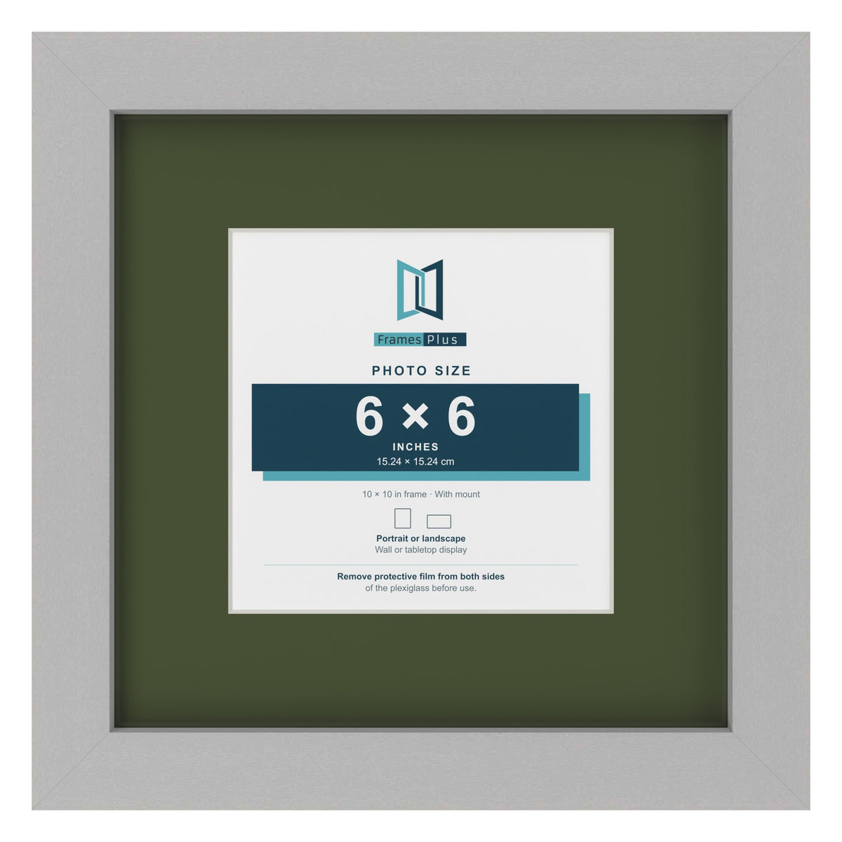Light Grey 10 x 10 inch picture frame with a green mount for a 6 x 6 inch photo