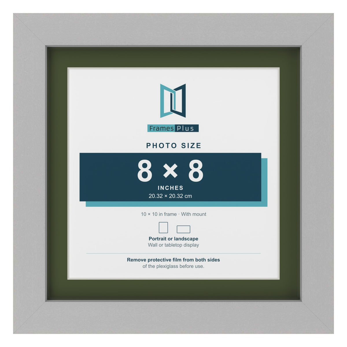 Light Grey 10 x 10 inch picture frame with a green mount for an 8 x 8 inch photo