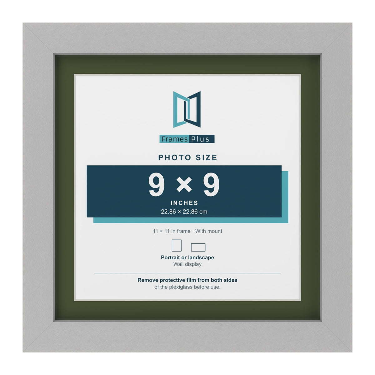 Light Grey 11 x 11 inch picture frame with a green mount for a 9 x 9 inch photo