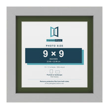 Light Grey 11 x 11 inch picture frame with a green mount for a 9 x 9 inch photo