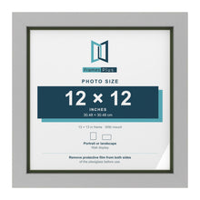 Light Grey 13 x 13 inch picture frame with a green mount for a 12 x 12 inch photo