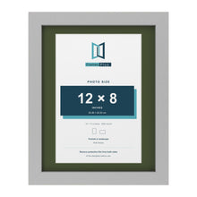 Light Grey 14 x 11 inch picture frame with a green mount for a 12 x 8 inch photo
