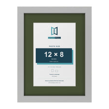 Light Grey 16 x 12 inch picture frame with a green mount for a 12 x 8 inch photo