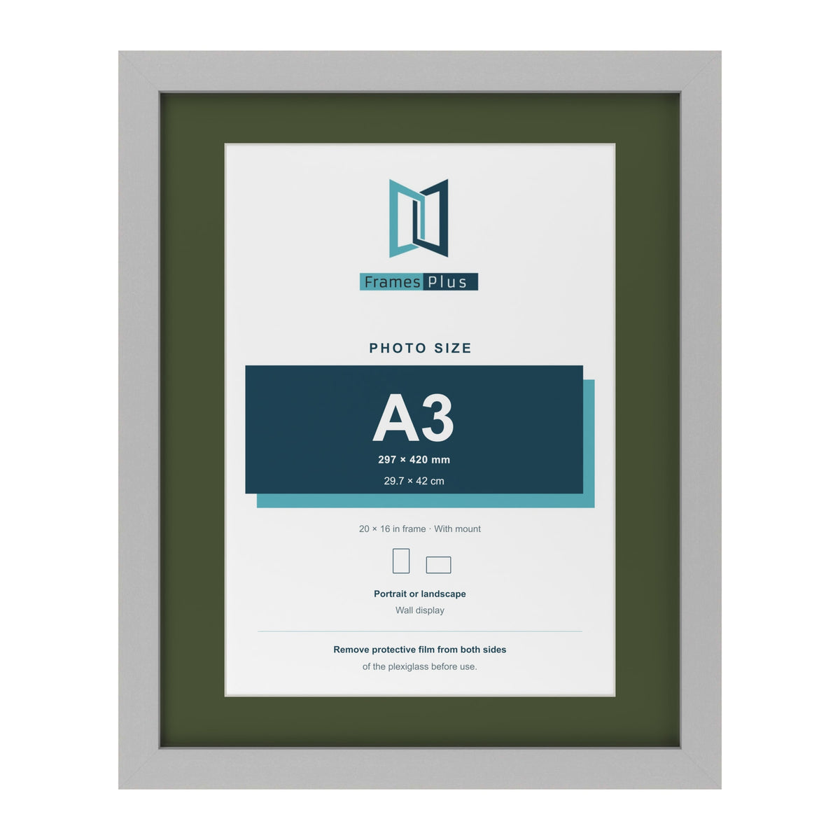 Light Grey 20 x 16 inch picture frame with a green mount for an A3 photo