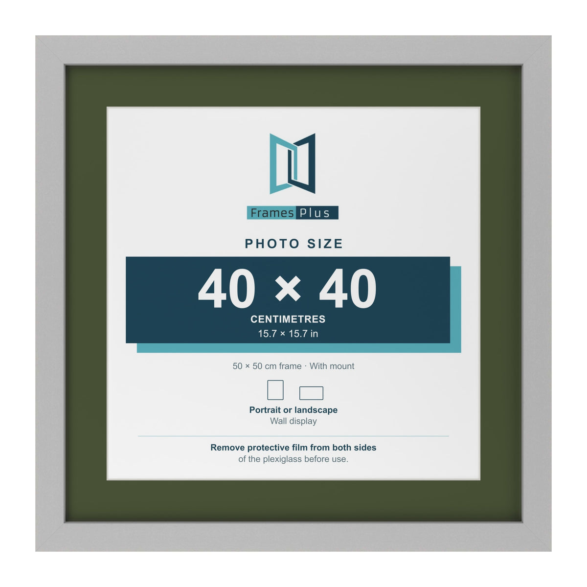 Light Grey 50 x 50 cm picture frame with a green mount for a 40 x 40 cm photo