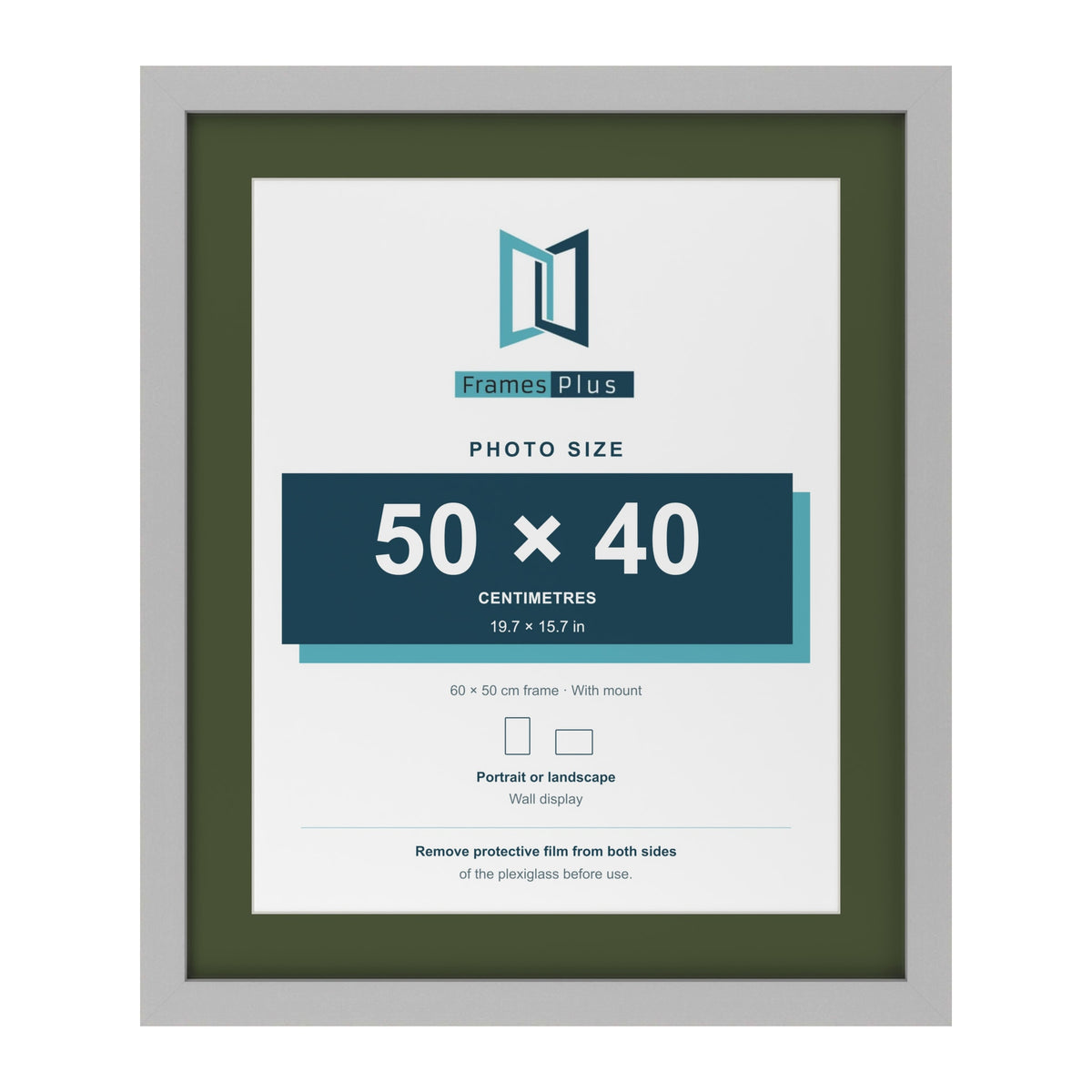 Light Grey 60 x 50 cm picture frame with a green mount for a 50 x 40 cm photo