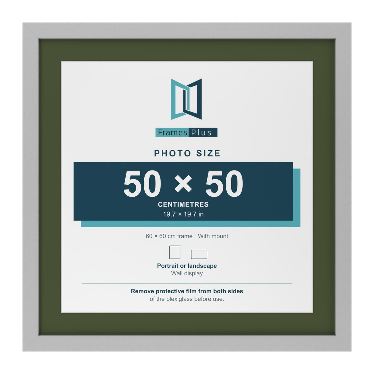 Light Grey 60 x 60 cm picture frame with a green mount for a 50 x 50 cm photo