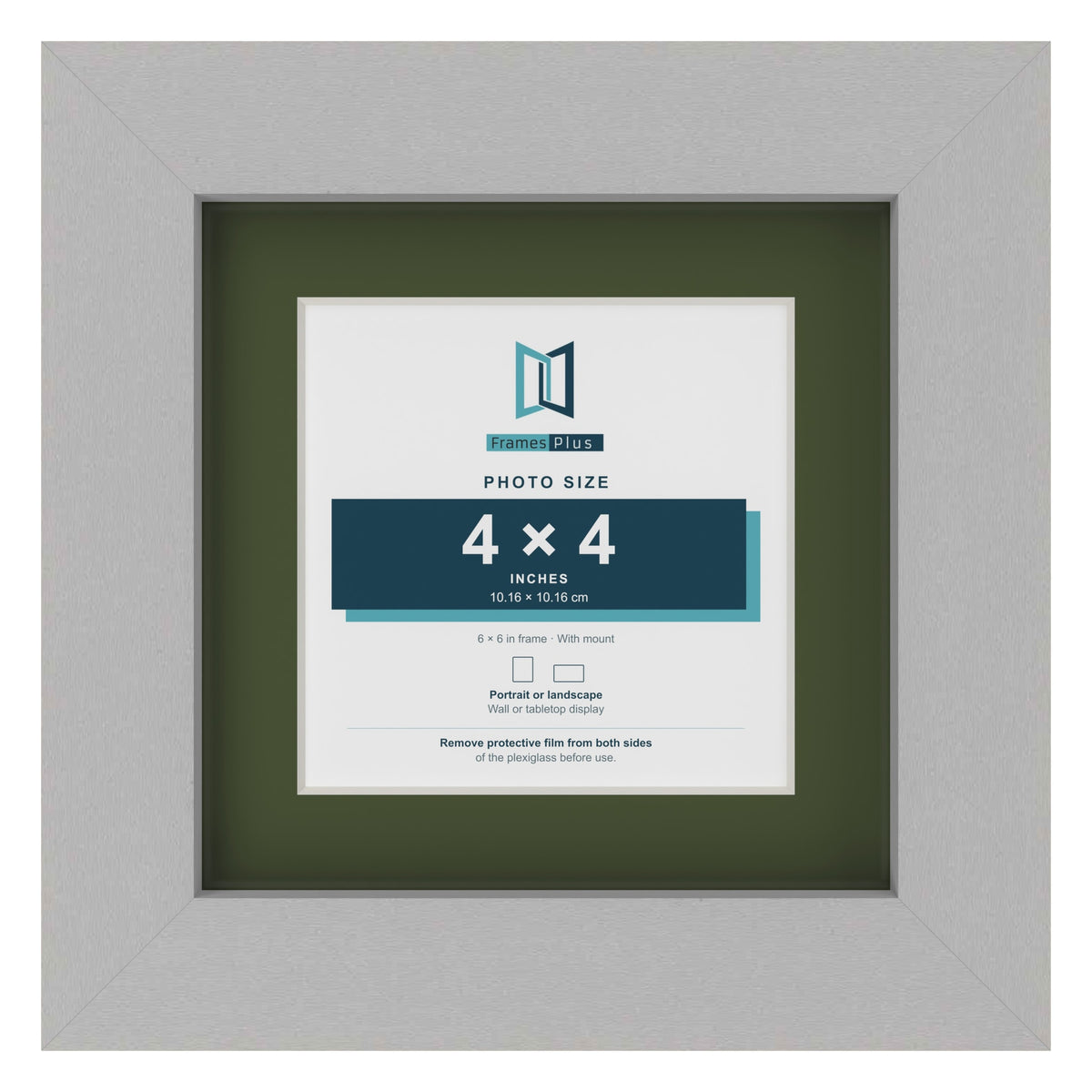 Light Grey 6 x 6 inch picture frame with a green mount for a 4 x 4 inch photo