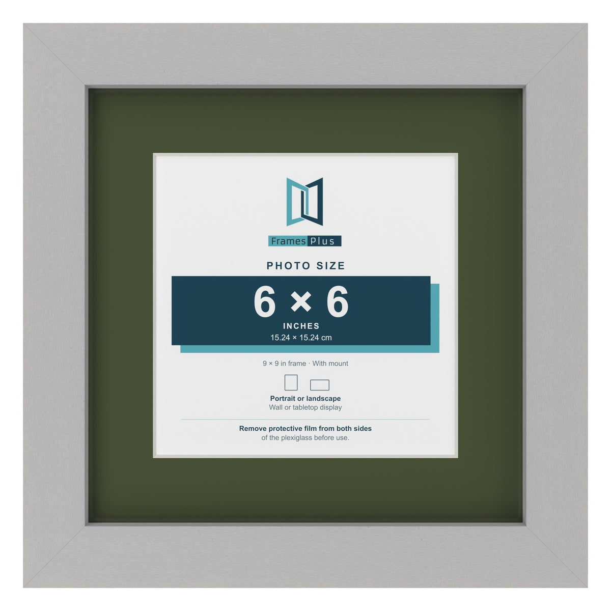 Light Grey 9 x 9 inch picture frame with a green mount for a 6 x 6 inch photo