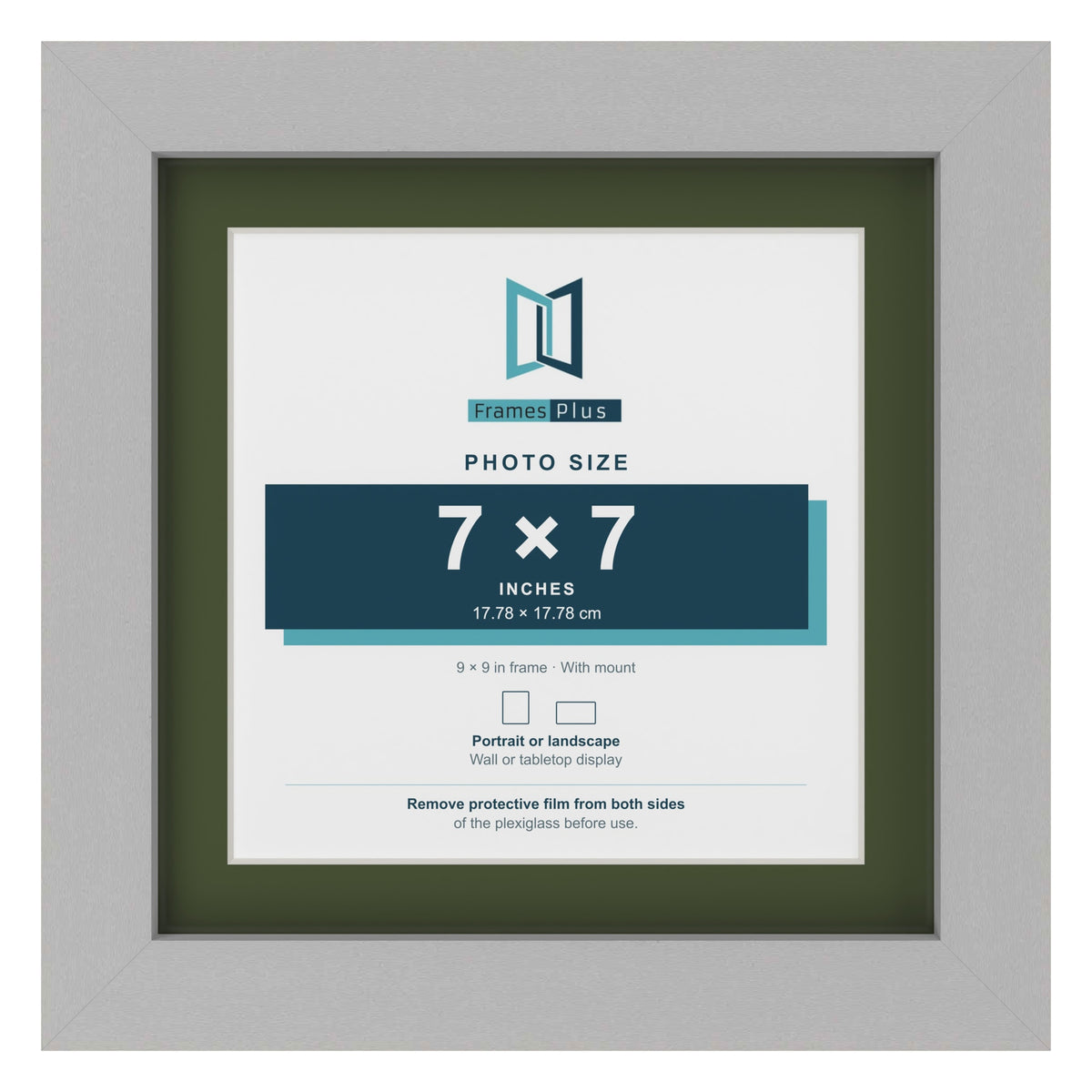 Light Grey 9 x 9 inch picture frame with a green mount for a 7 x 7 inch photo