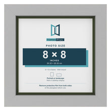Light Grey 9 x 9 inch picture frame with a green mount for an 8 x 8 inch photo
