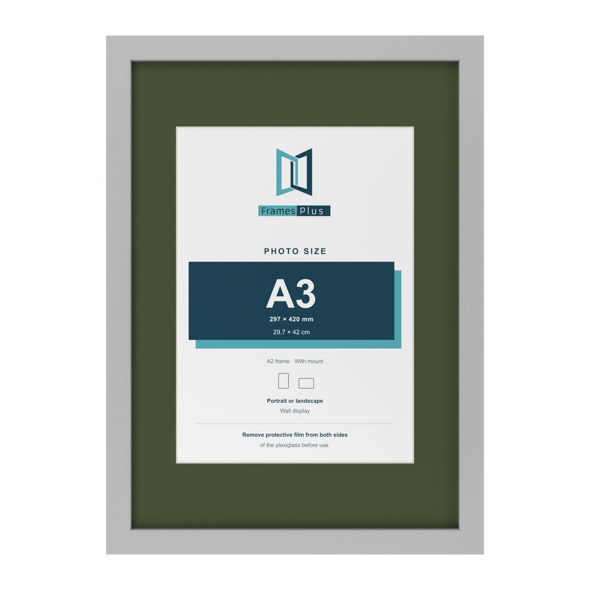 Light Grey A2 picture frame with a green mount for an A3 photo