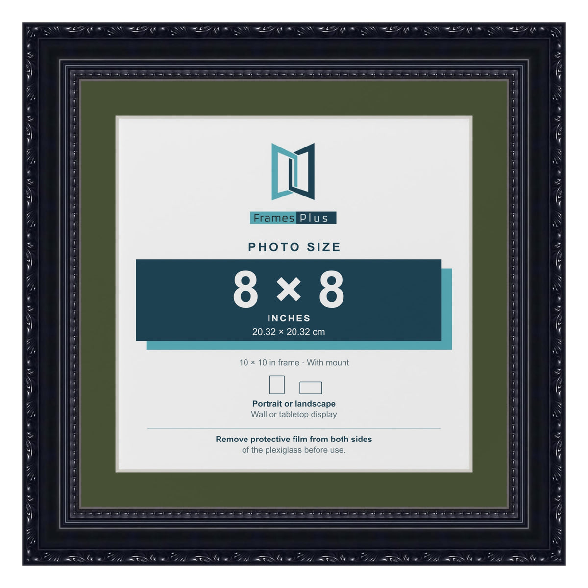 Louis Black 10 x 10 inch picture frame with a green mount for an 8 x 8 inch photo