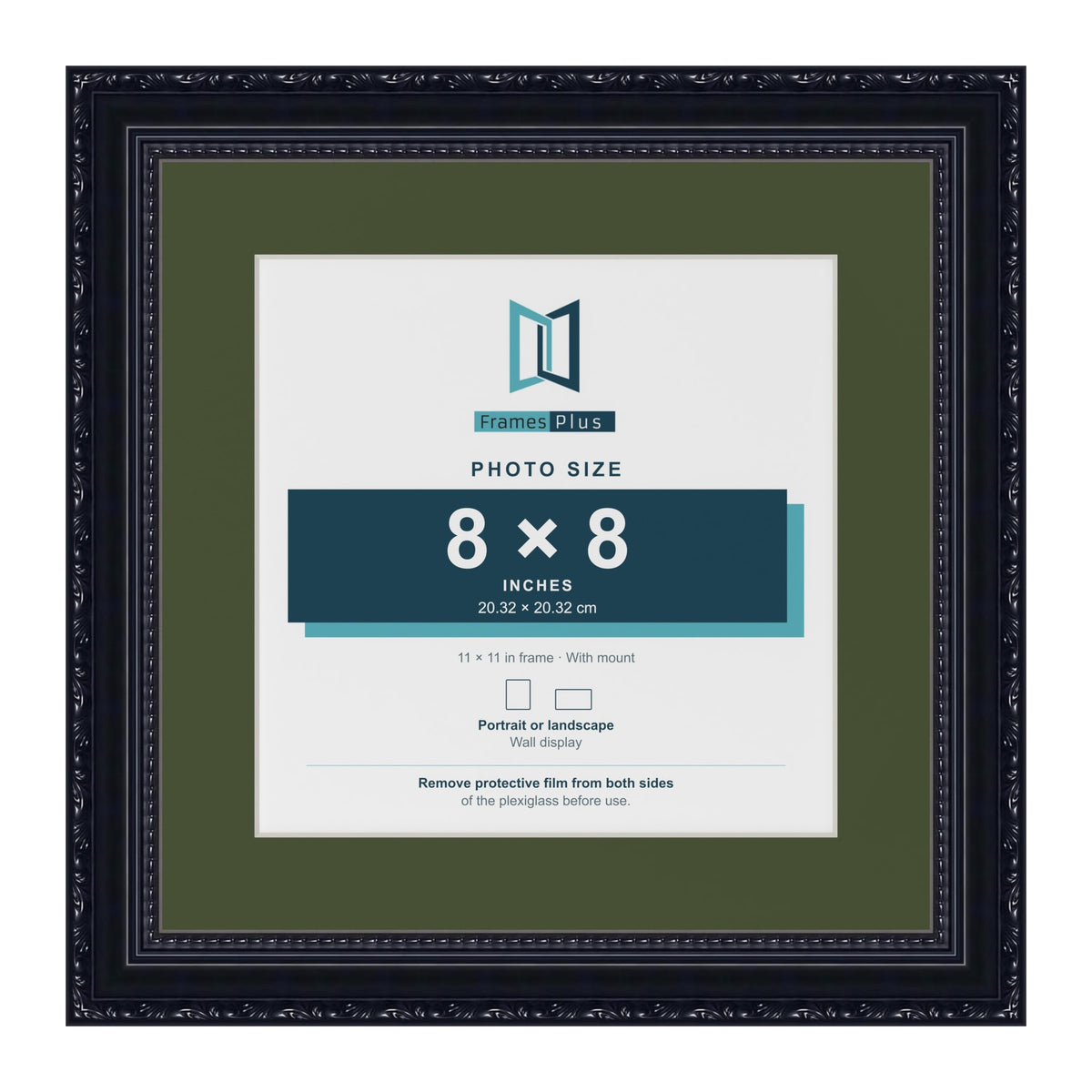 Louis Black 11 x 11 inch picture frame with a green mount for an 8 x 8 inch photo