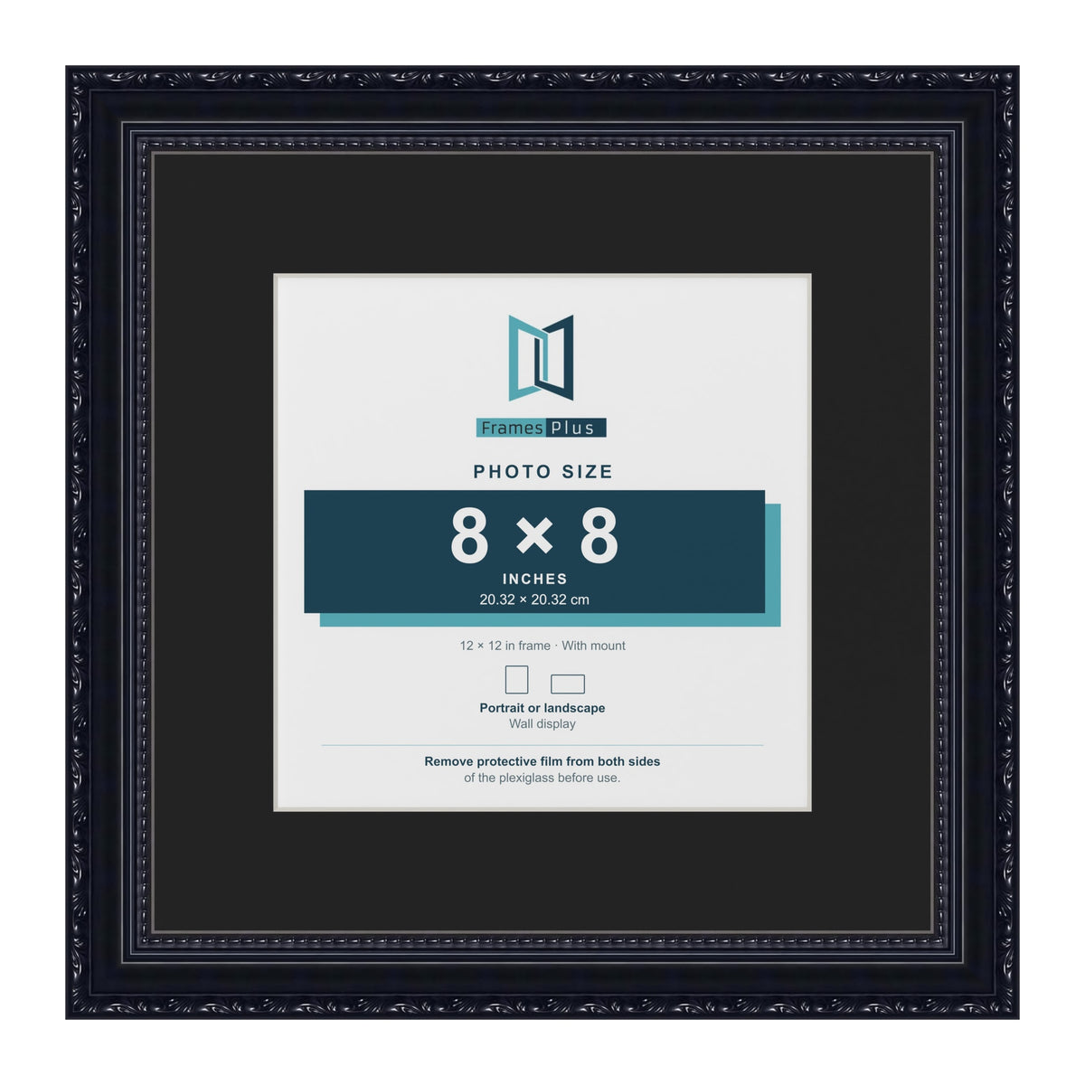 Louis Black 12 x 12 inch picture frame with a black mount for an 8 x 8 inch photo