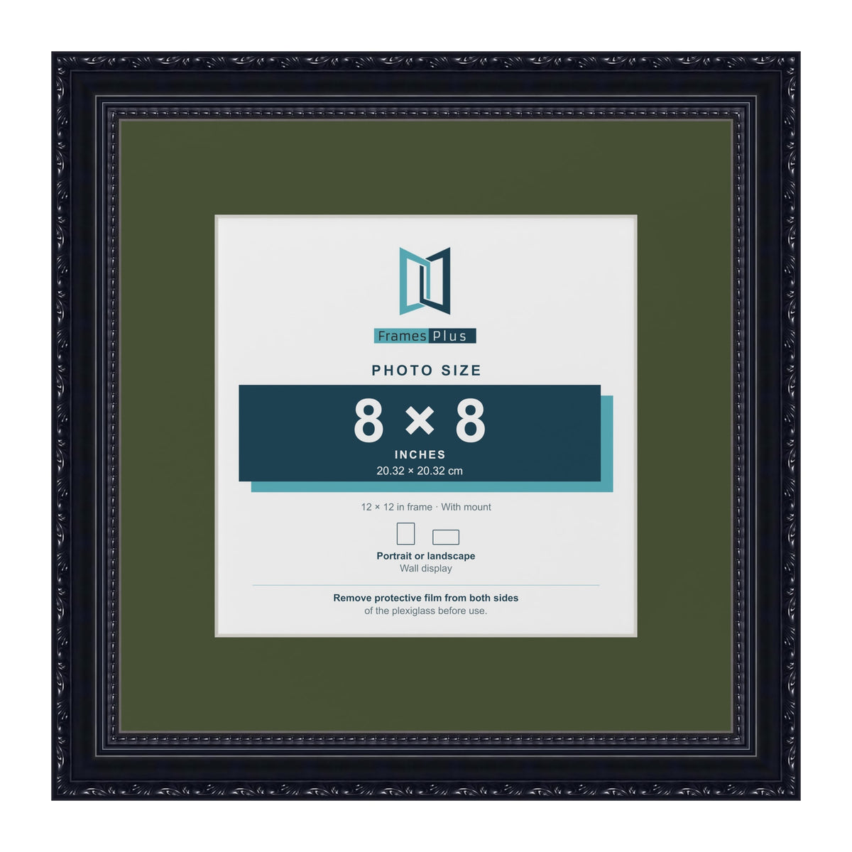 Louis Black 12 x 12 inch picture frame with a green mount for an 8 x 8 inch photo
