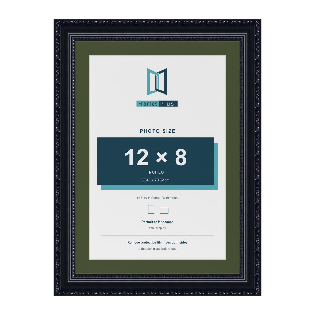 Louis Black 14 x 10 inch picture frame with a green mount for a 12 x 8 inch photo