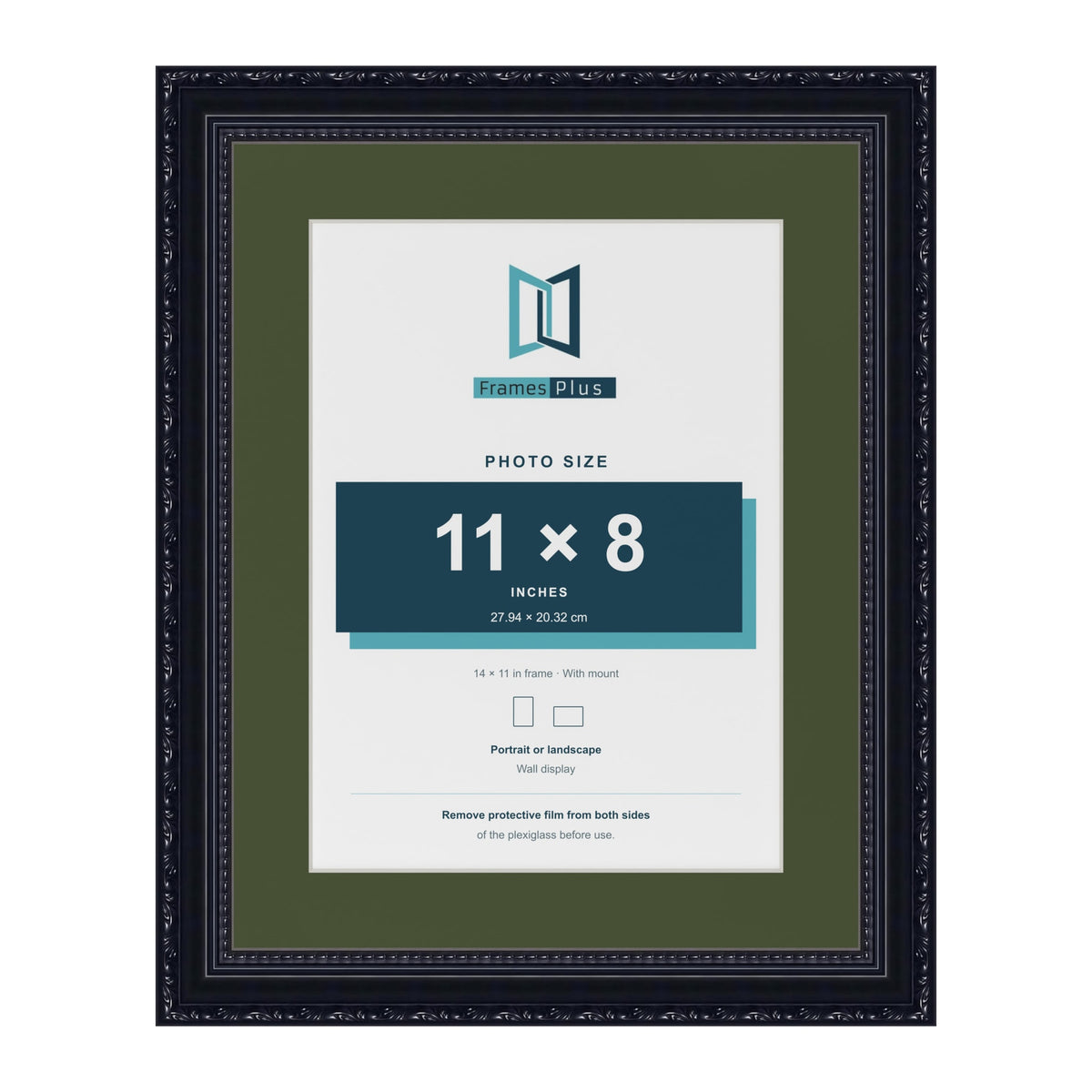 Louis Black 14 x 11 inch picture frame with a green mount for an 11 x 8 inch photo