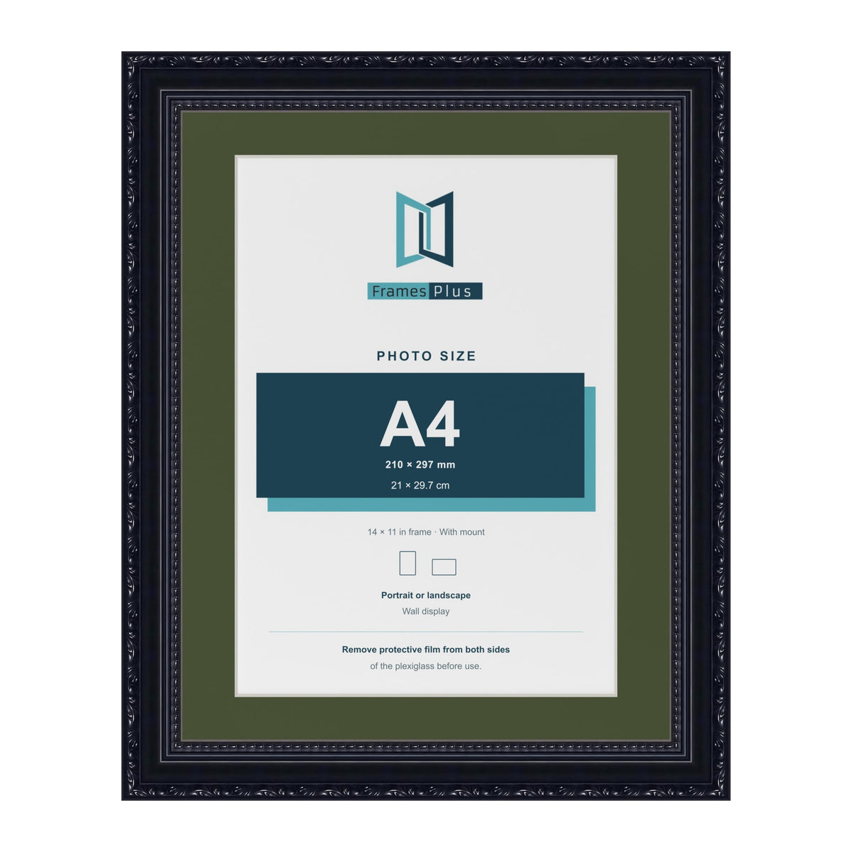Louis Black 14 x 11 inch picture frame with a green mount for an A4 photo