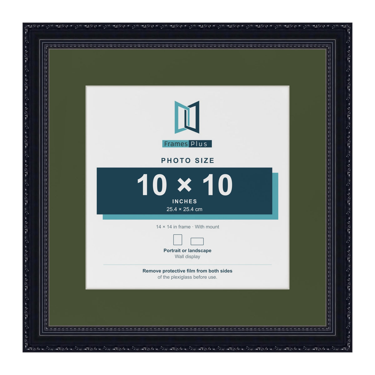 Louis Black 14 x 14 inch picture frame with a green mount for a 10 x 10 inch photo